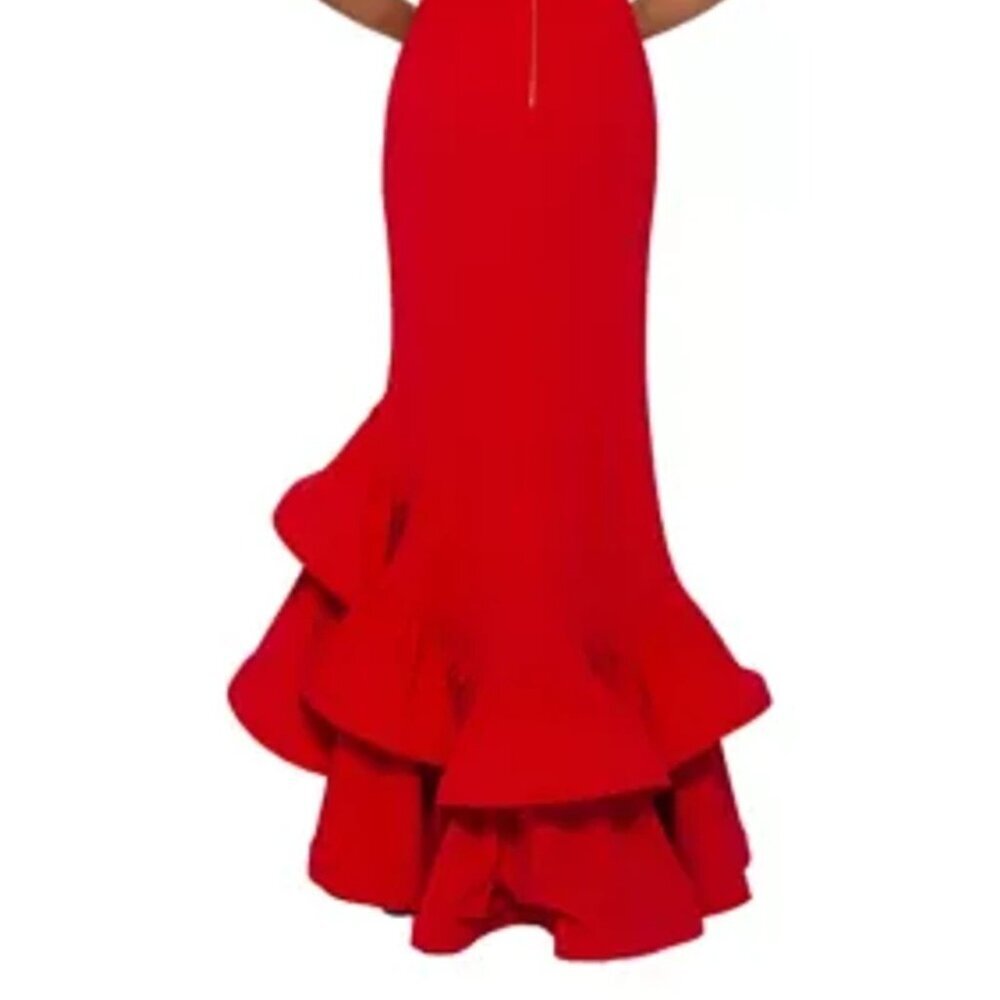 Betsy & Adam Size 2 Red Ruffle Tier Scuba Crepe Dress NWT Formal Gown - Picture 4 of 5